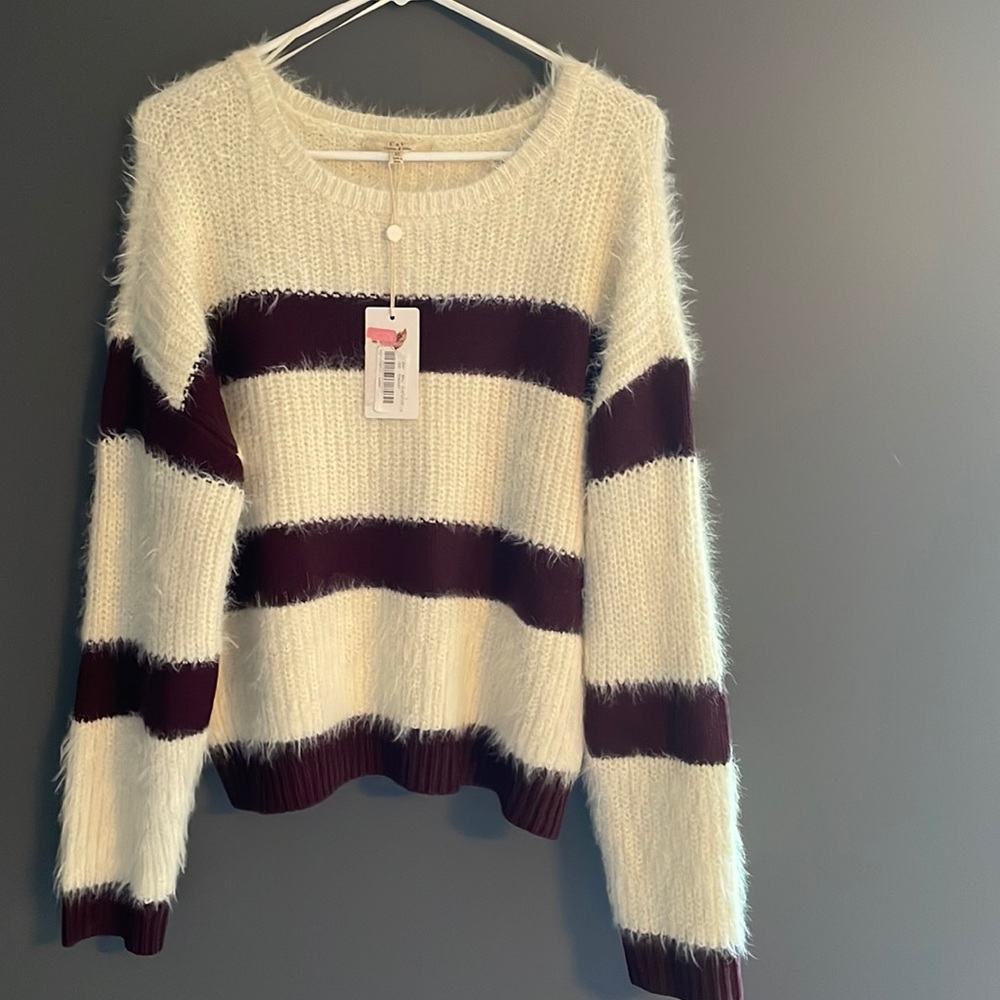 Maroon and White striped soft sweater. New with tags
